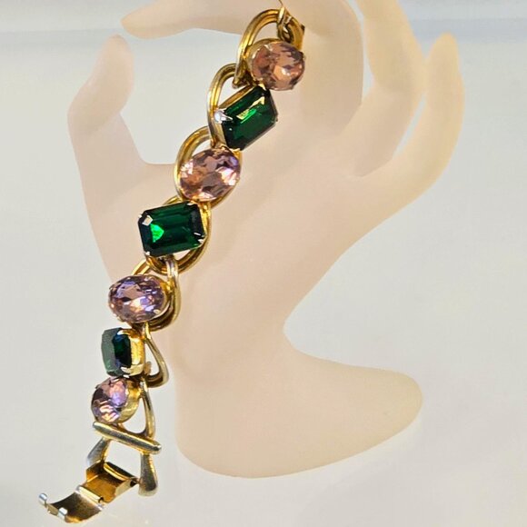 Mid-Century Clamper Bracelet Vintage Rhinestone Green Pink - Picture 8 of 9